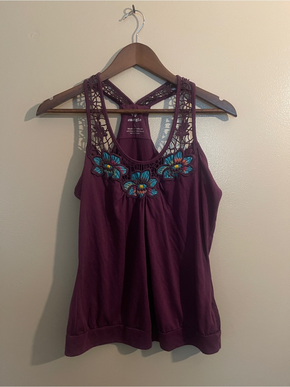 Energie Plum Tank with Teal Embroidered Floral Neckline, Women’s size L